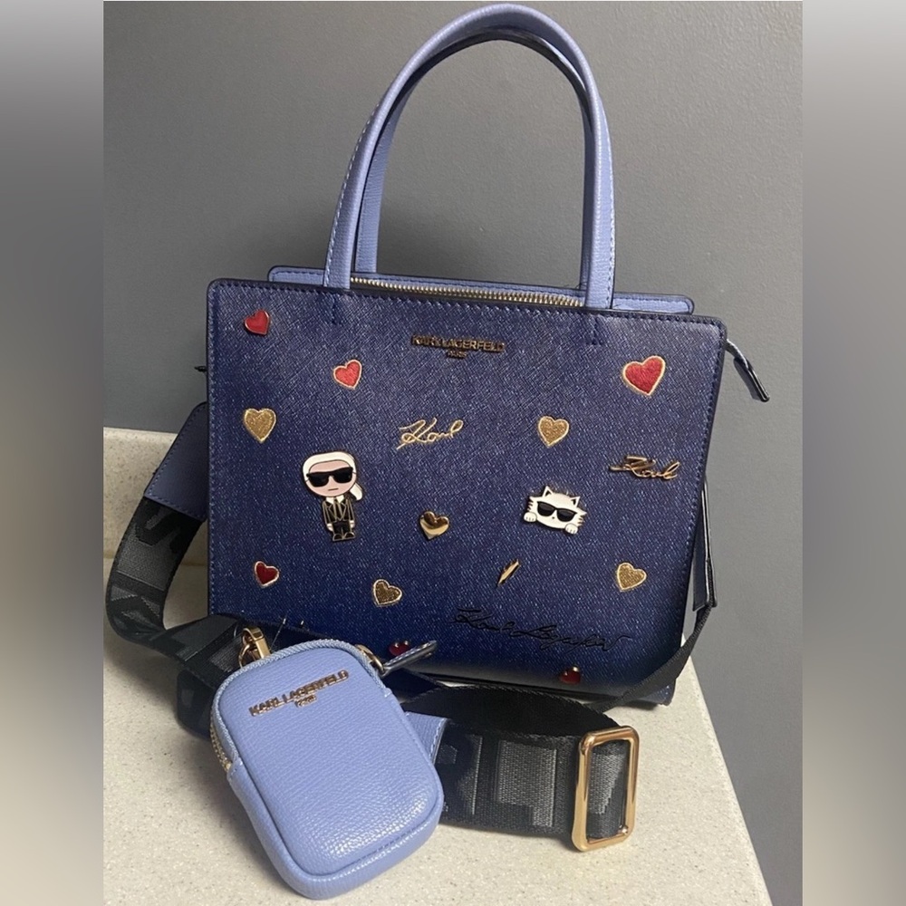Karl Lagerfeld Paris Maybelle Bag Purse Satchel Double Top Handle Denim Blue NWT